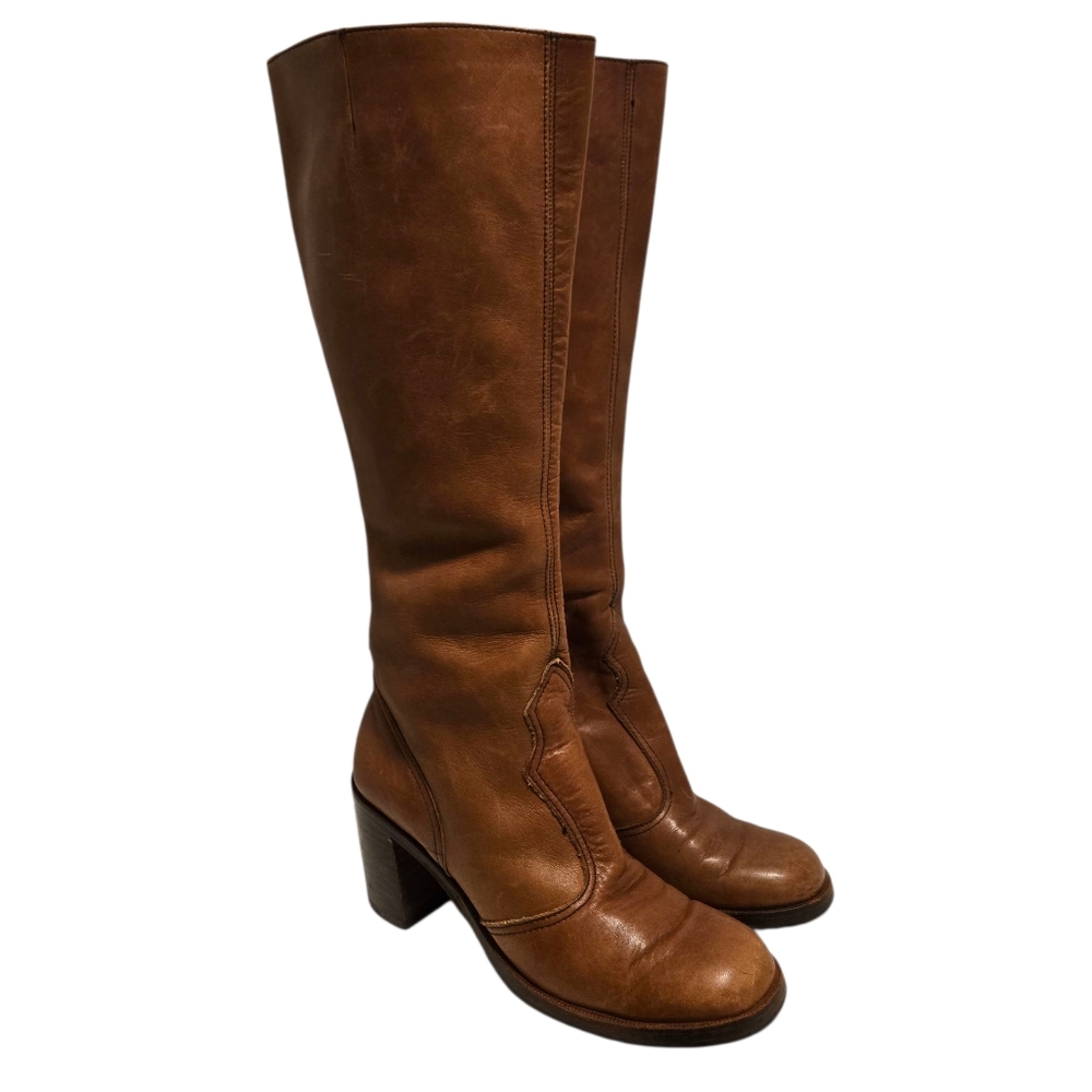 Vintage Brown Heeled Leather Boots with Chunky Heel and Side Zipper